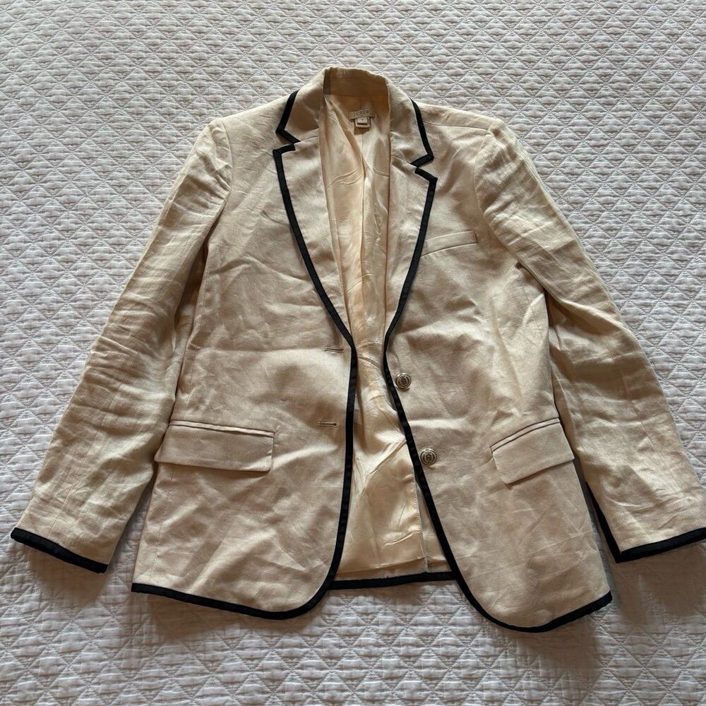 J.Crew Women's Beige Blazer with Black Trim Size 2